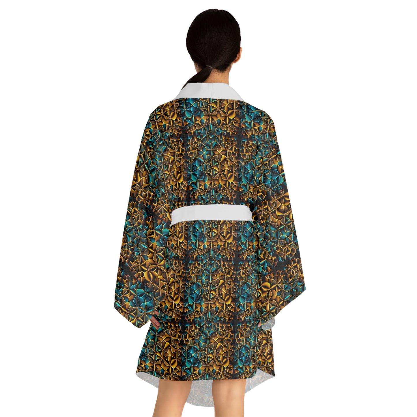 Mid-Length Long-Sleeve Unisex Kimono Style Sacred Geometry Festival Robe Cover-Up with Belt