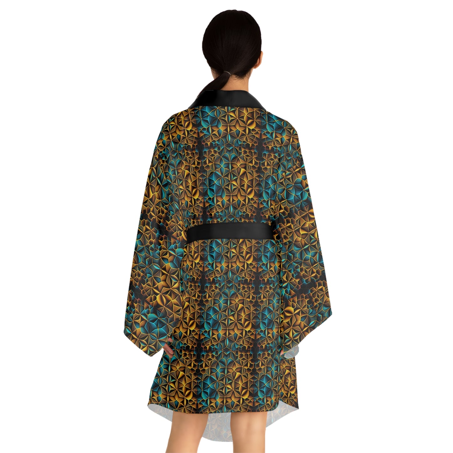 Mid-Length Long-Sleeve Unisex Kimono Style Sacred Geometry Festival Robe Cover-Up with Belt