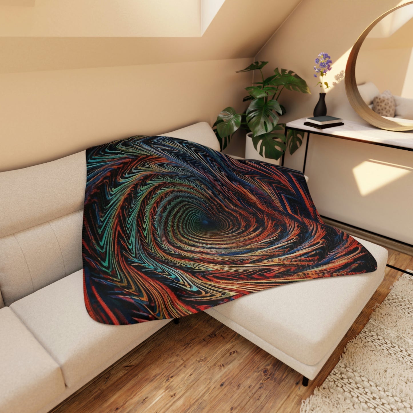Dark Rainbow Zigzag Whirlpool Tan Sherpa Trip Blanket
