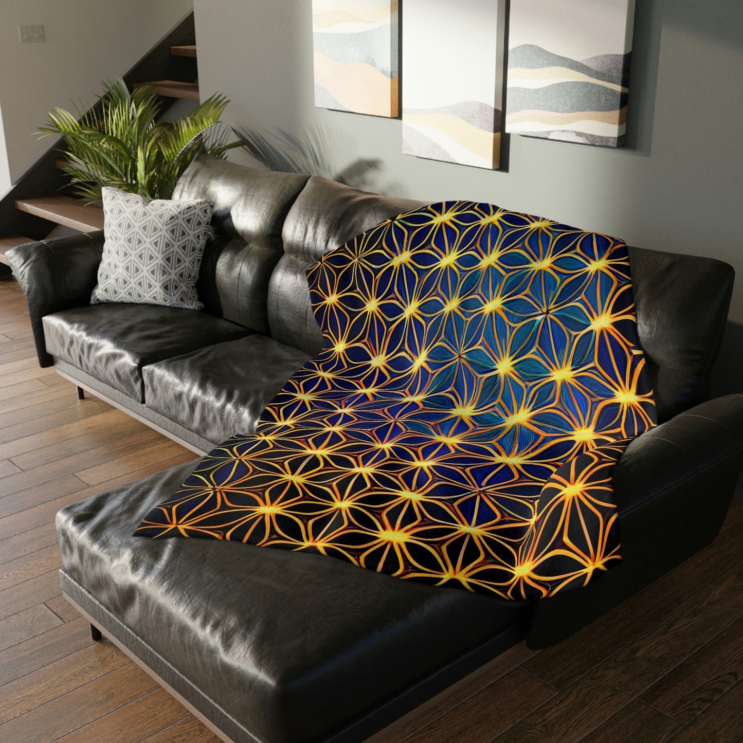 Golden Sacred Geometry Grid Velveteen Minky Blanket (Double-sided print!)