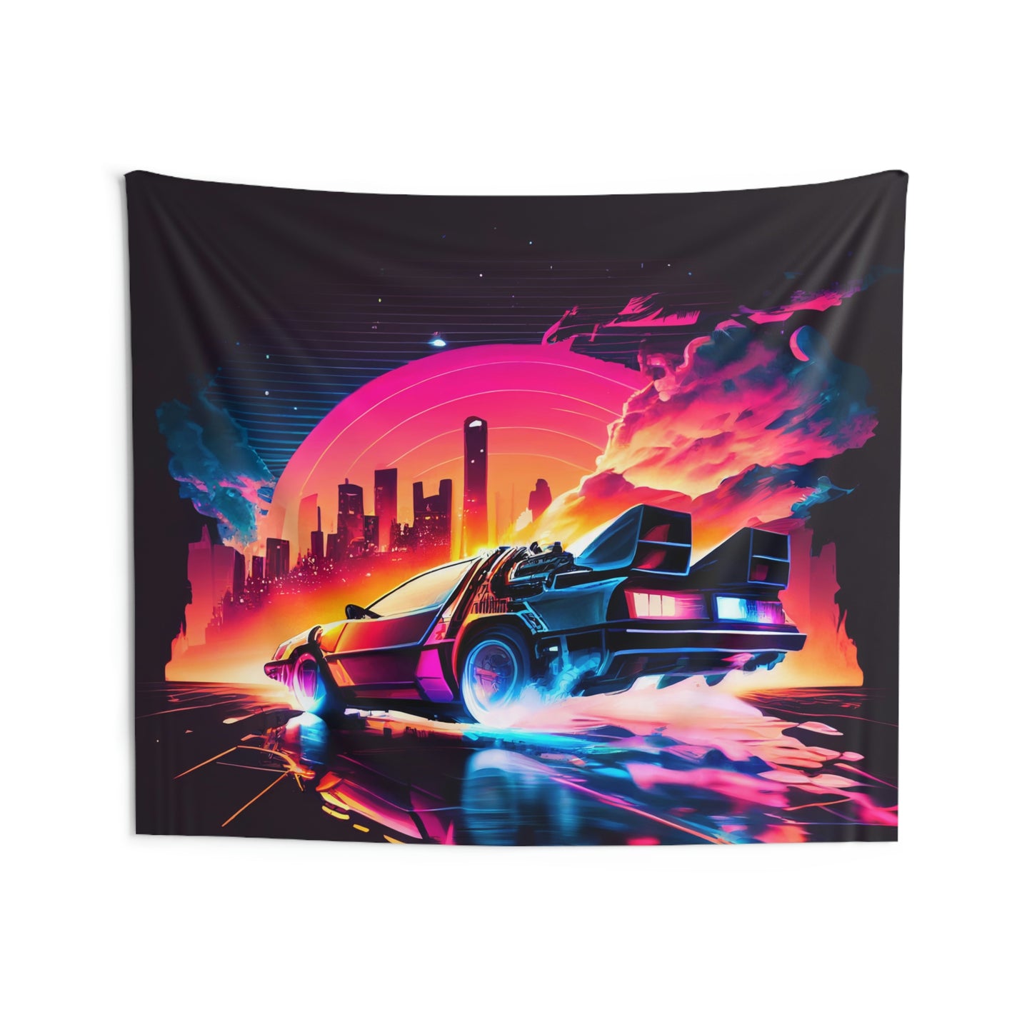 Neon City DeLorean Time Machine Indoor Wall Tapestry