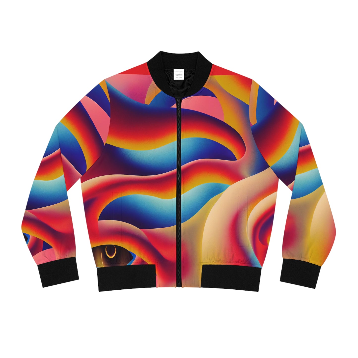 Women's Trippy Rainbow Wave Stand Collar Zip-Up Bomber Jacket (AOP)