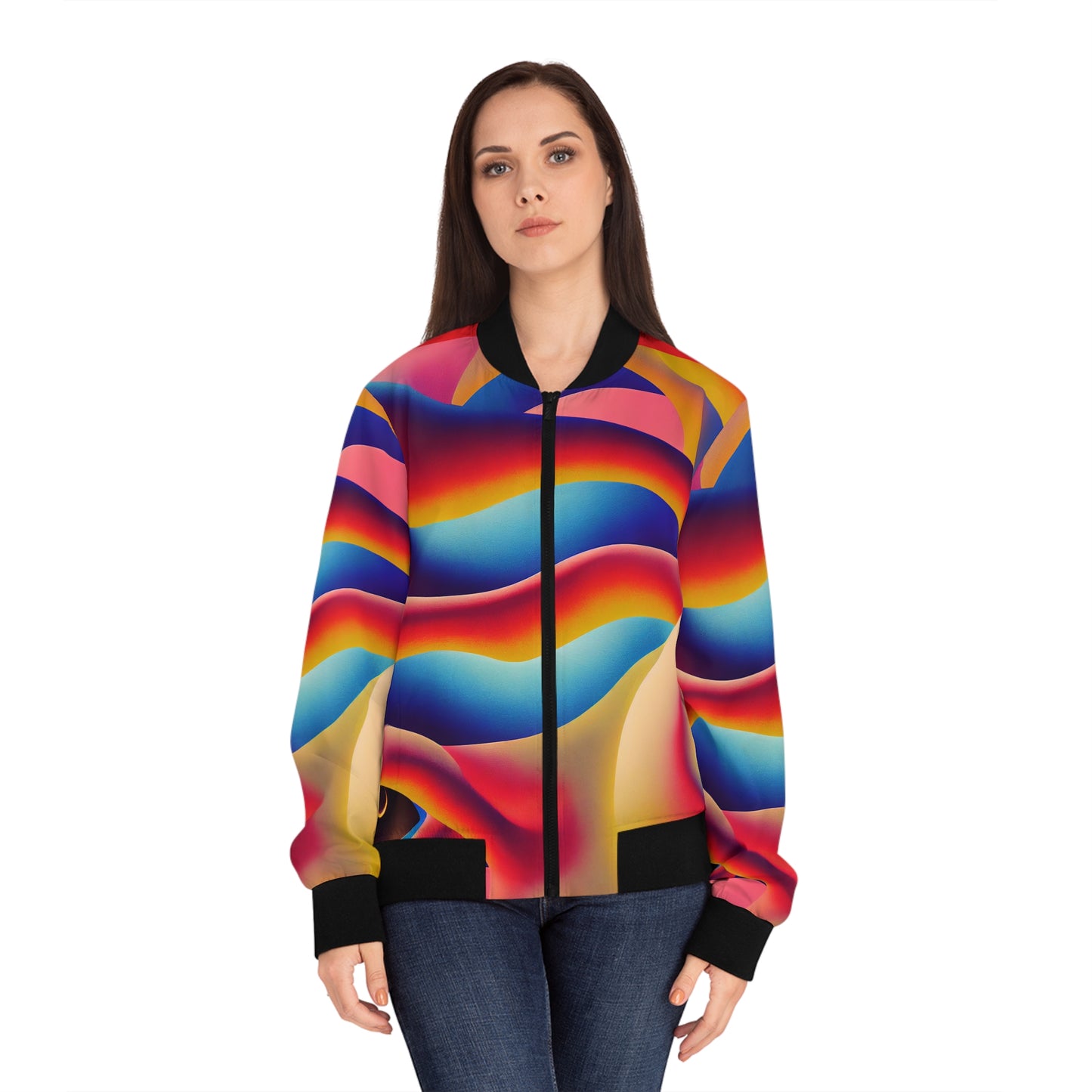 Women's Trippy Rainbow Wave Stand Collar Zip-Up Bomber Jacket (AOP)