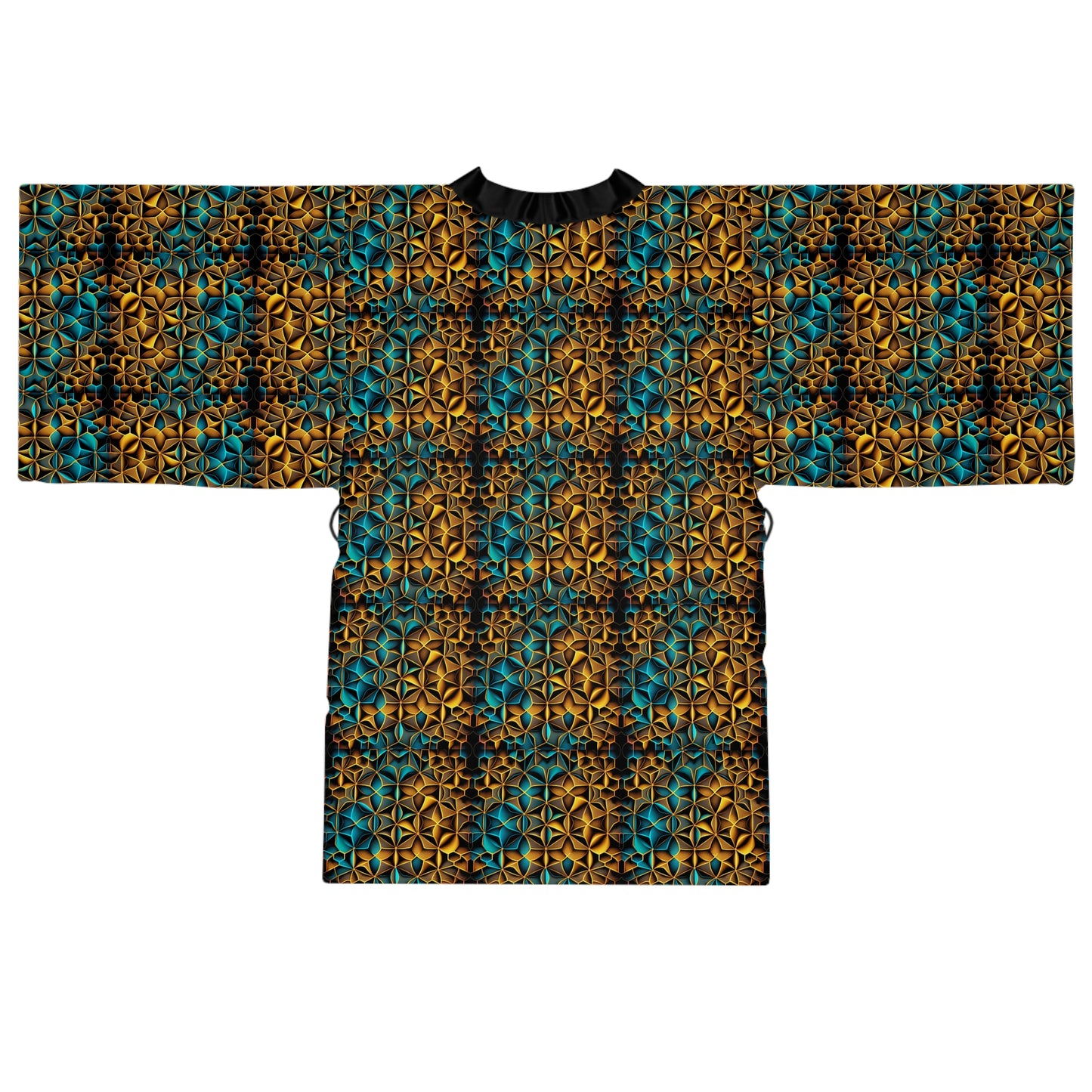 Mid-Length Long-Sleeve Unisex Kimono Style Sacred Geometry Festival Robe Cover-Up with Belt