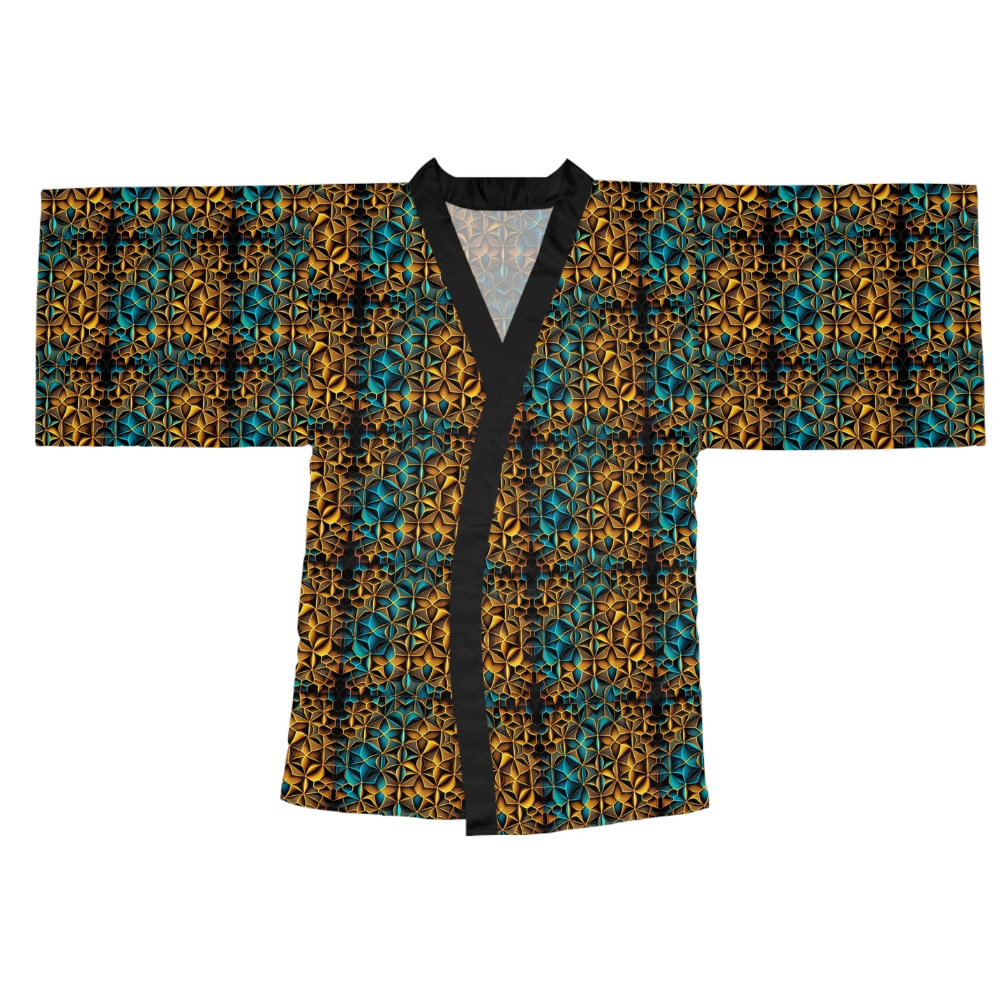 Mid-Length Long-Sleeve Unisex Kimono Style Sacred Geometry Festival Robe Cover-Up with Belt