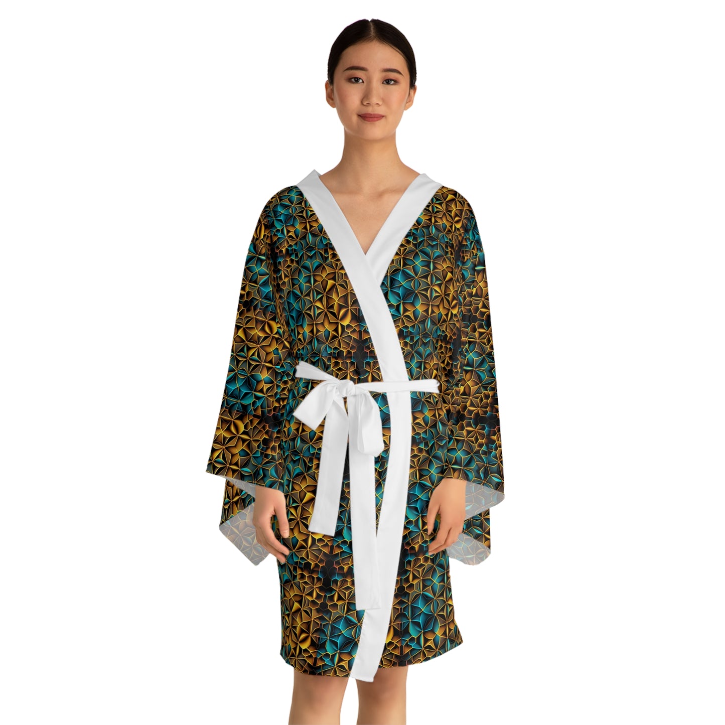 Mid-Length Long-Sleeve Unisex Kimono Style Sacred Geometry Festival Robe Cover-Up with Belt