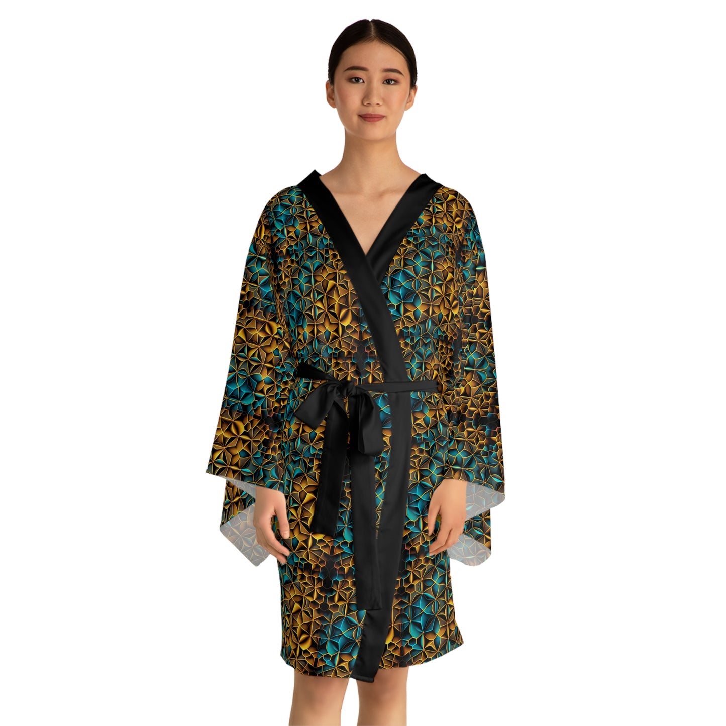 Mid-Length Long-Sleeve Unisex Kimono Style Sacred Geometry Festival Robe Cover-Up with Belt