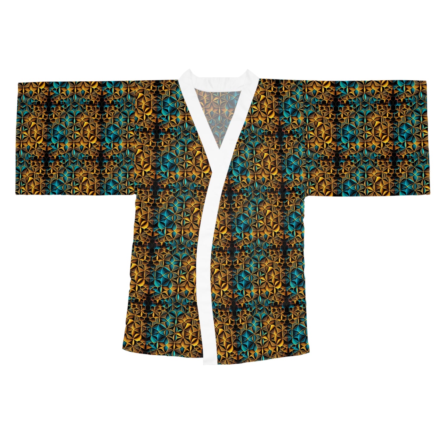 Mid-Length Long-Sleeve Unisex Kimono Style Sacred Geometry Festival Robe Cover-Up with Belt