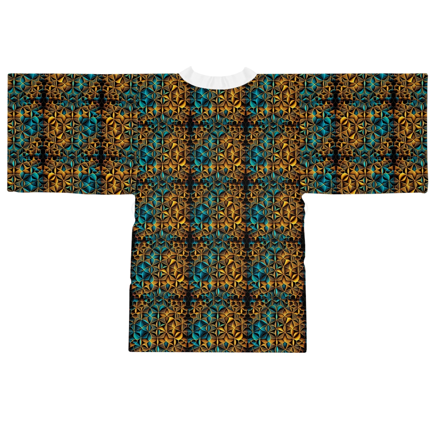 Mid-Length Long-Sleeve Unisex Kimono Style Sacred Geometry Festival Robe Cover-Up with Belt