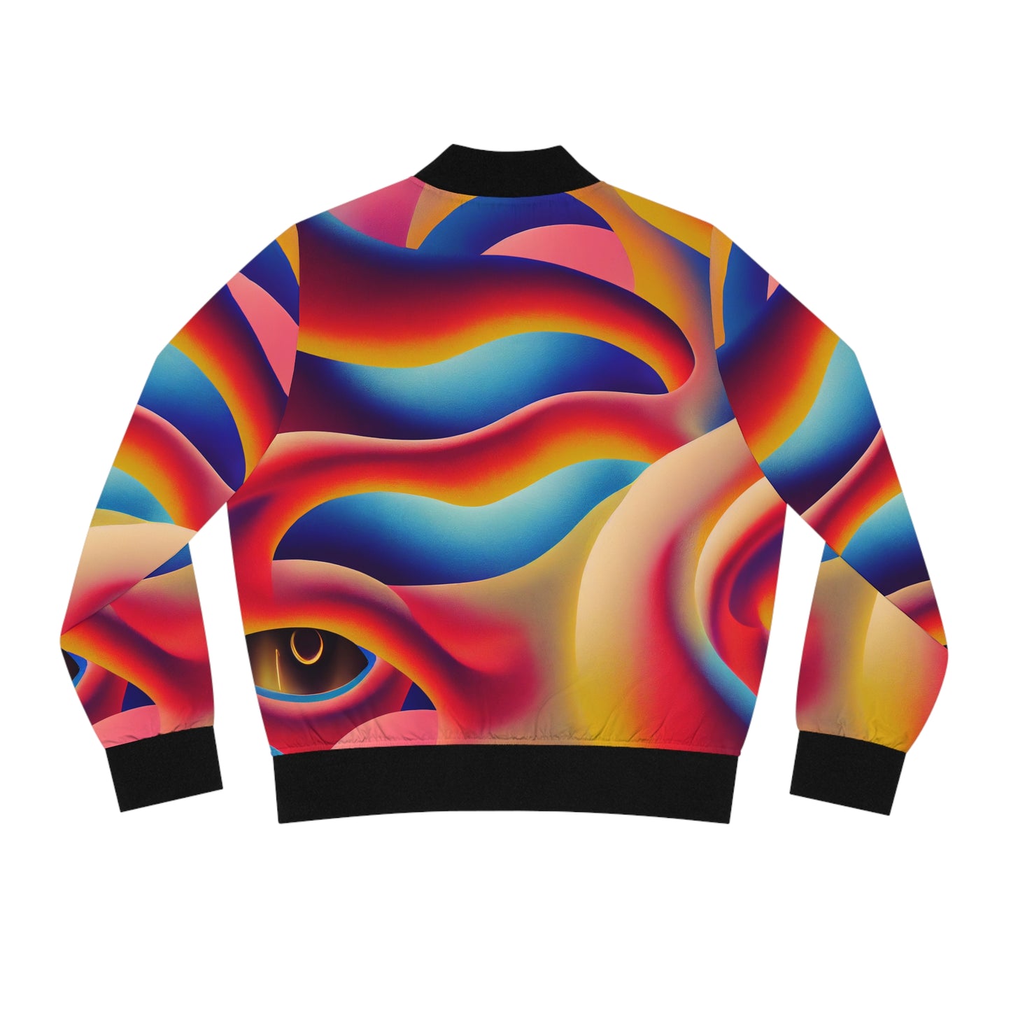 Women's Trippy Rainbow Wave Stand Collar Zip-Up Bomber Jacket (AOP)