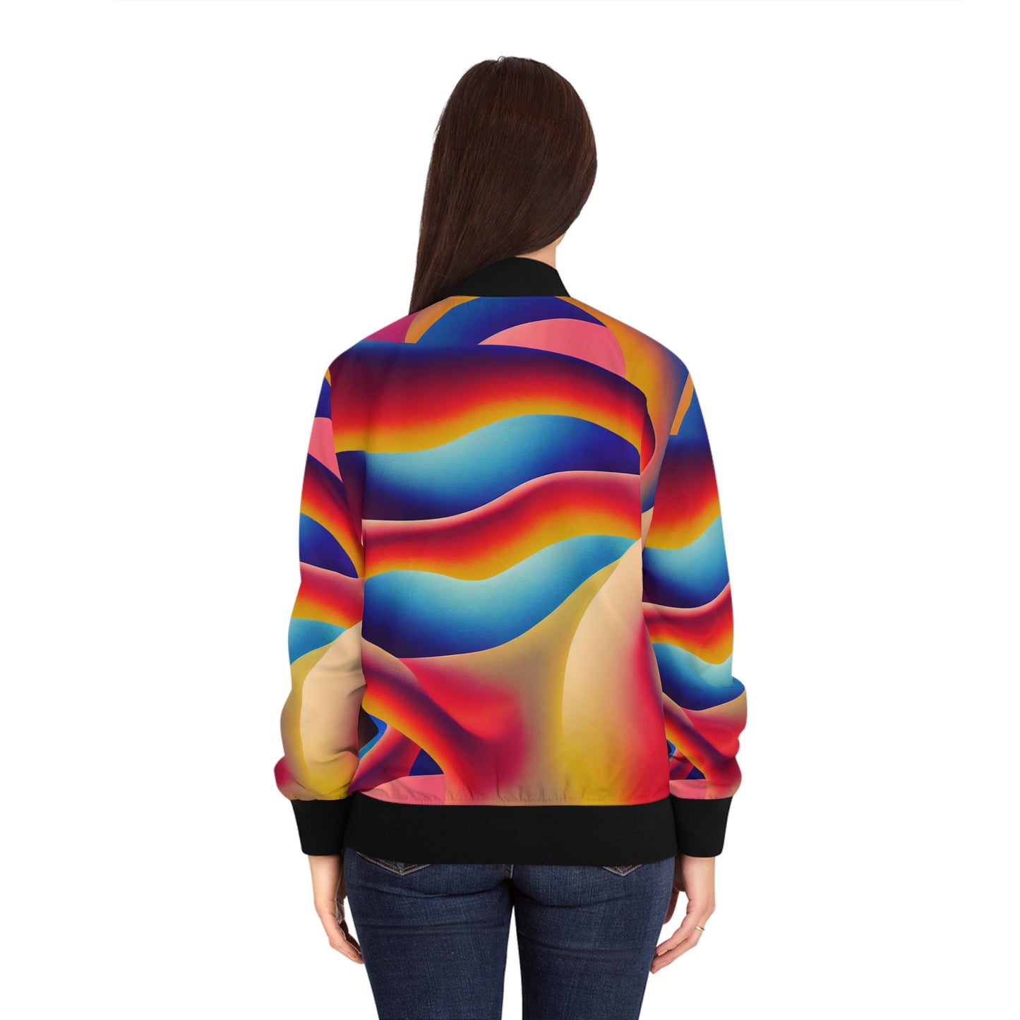 Women's Trippy Rainbow Wave Stand Collar Zip-Up Bomber Jacket (AOP)