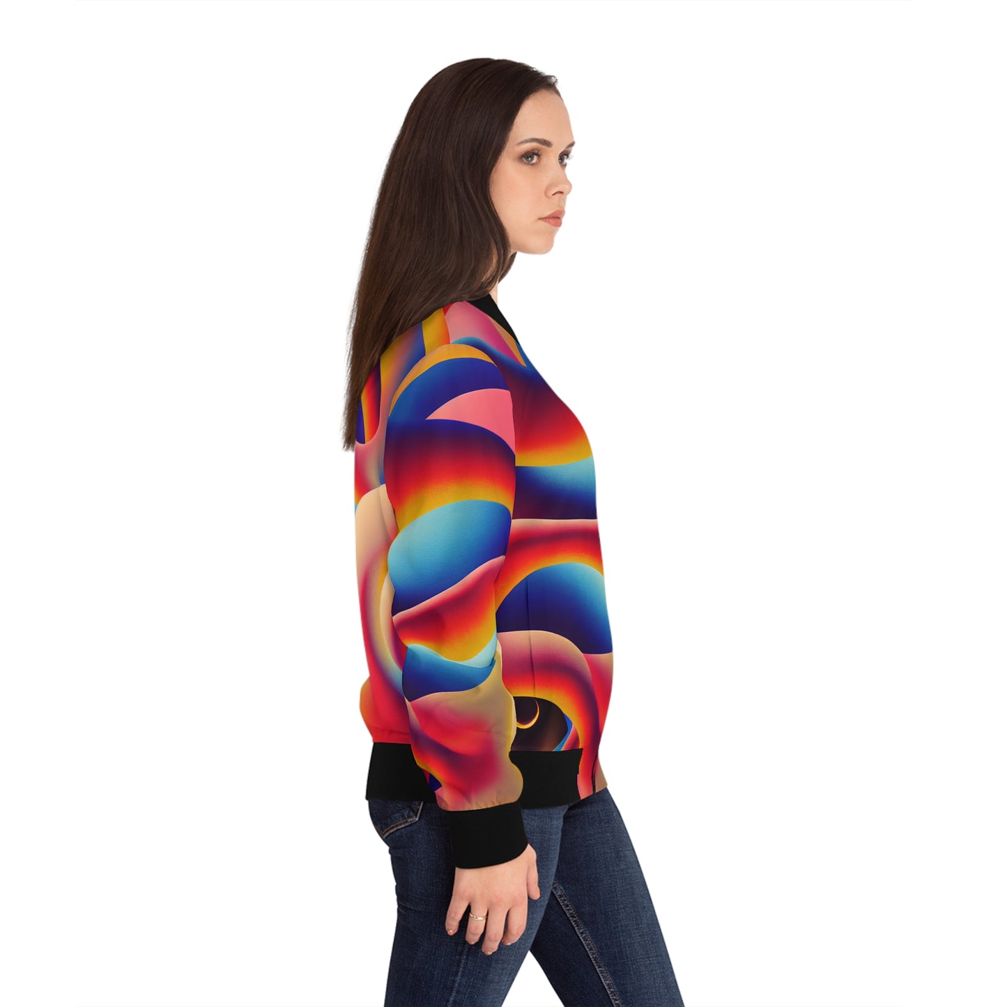 Women's Trippy Rainbow Wave Stand Collar Zip-Up Bomber Jacket (AOP)