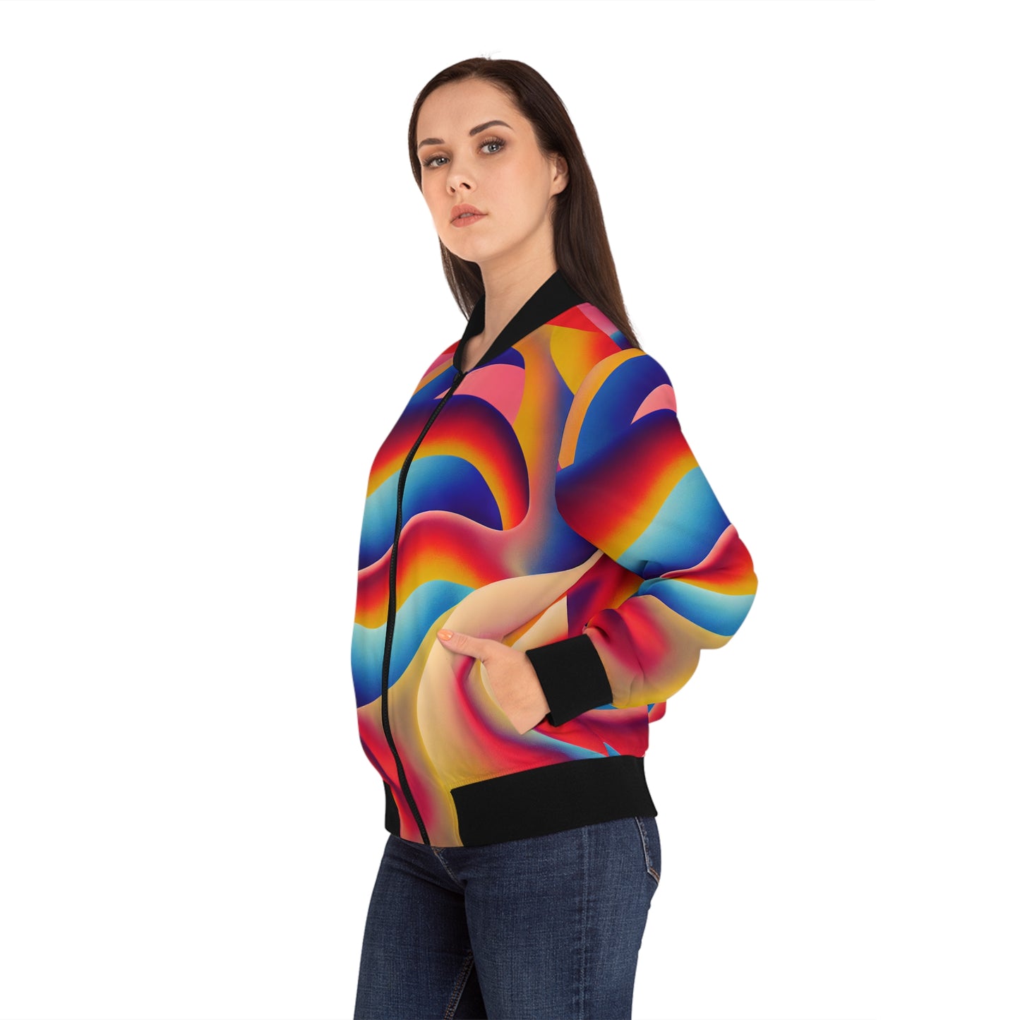 Women's Trippy Rainbow Wave Stand Collar Zip-Up Bomber Jacket (AOP)